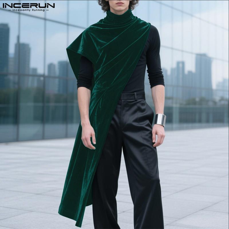 INCERUN Мужской водолазка на одно плечо с блестками, с высоким разрезом, повседневный длинный топ, футболка