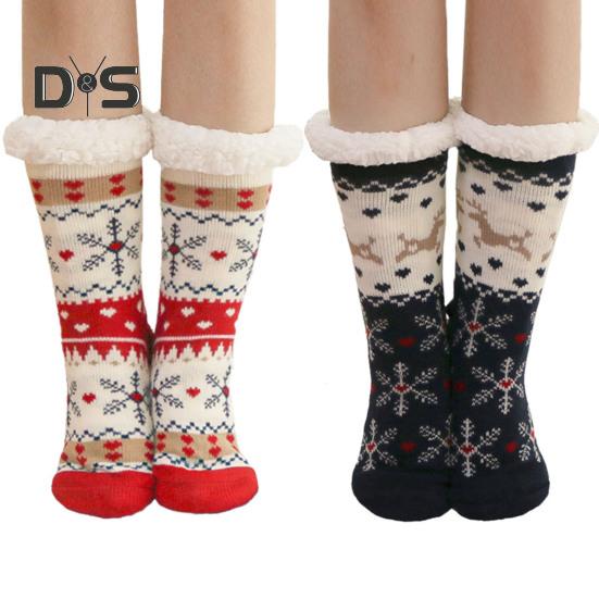 1 Pair Winter Floor Socks Thickened Fuzzy Plush Warmth Retention Christmas Elk Snowflake Print Leg Warmer Silicone Bottom Fall Winter Floor Socks