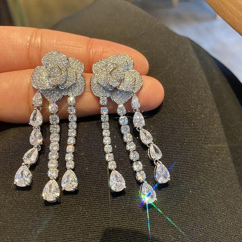 Серьги-капли из серебра 925 пробы со сверкающими цветочными каплями, микронабор с цирконием, висячие серьги с кисточками и камелией, вечерние украшения