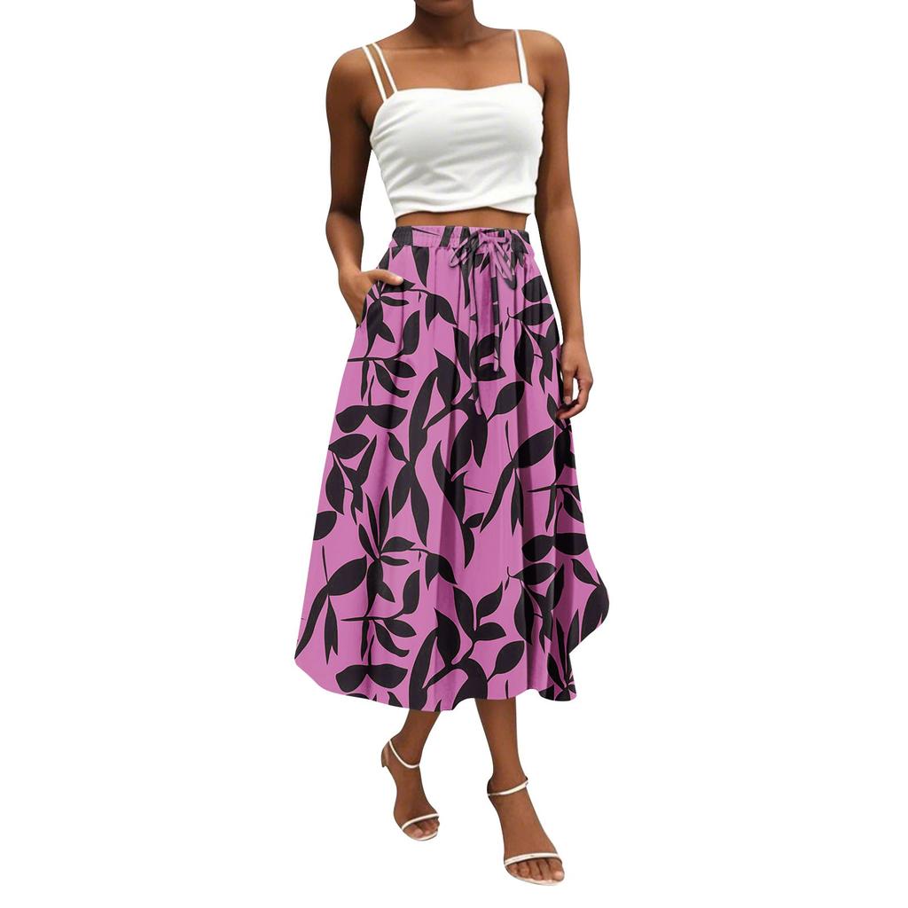 Women's Skirt Bohemian Flower Skirt Solid Color Casual Temperament With Pockets Skirt