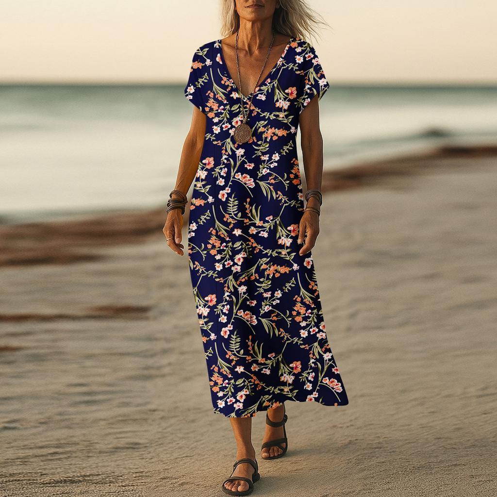 Summer Dress Women's Long Boho Beach Dress Elegant Maxi Dress V-Neck Short Sleeve Summer Tunic Dress Light Airy