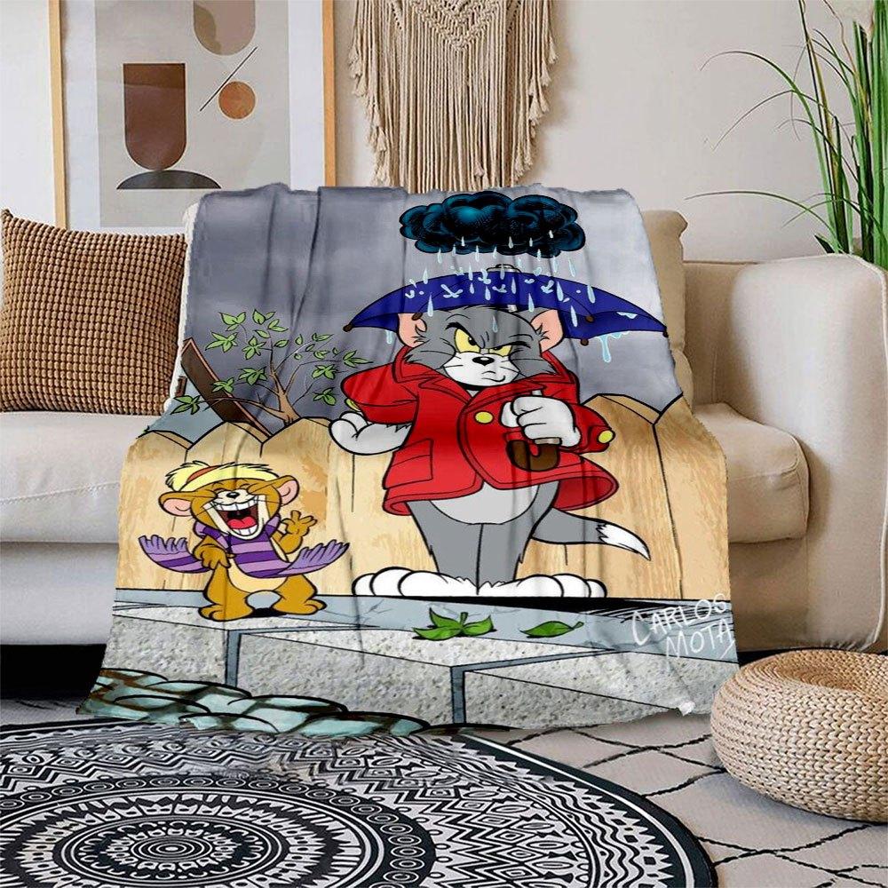 Tom and Jerry Rainy Day Adventure Poster PrintBlanket Flannel Throw Blanket for Sofa, Bed, Travel, Camping, Office