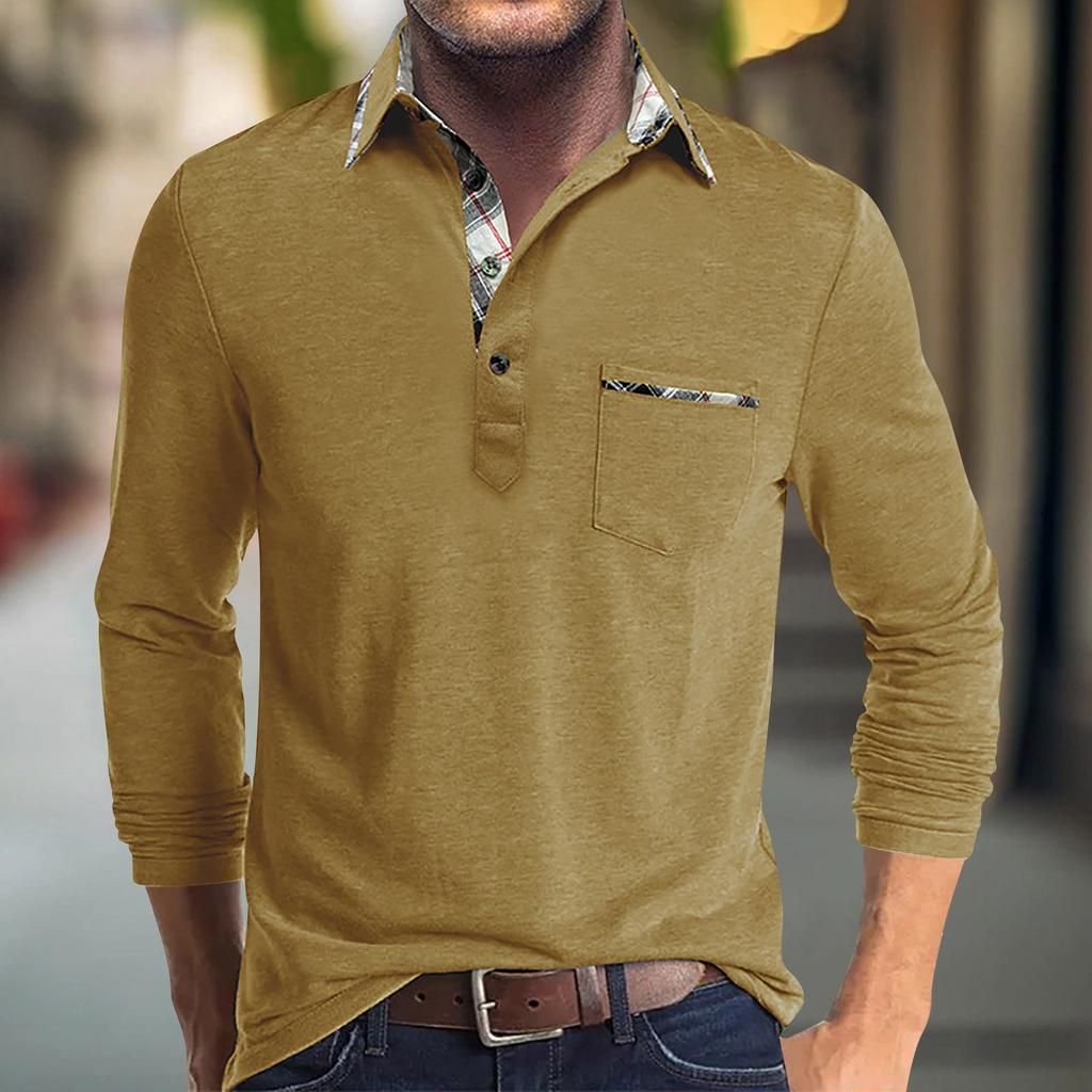 Мужская весенне-осенняя однотонная футболка с лацканами, 3 пуговицы, открытая планка и пуговицы, топ с длинными рукавами