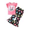 Baby Girl 2Pcs Easter Outfits Short Sleeve Tops and Plain Flare Pants Set Toddler Clothes