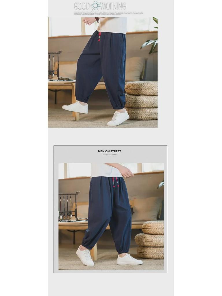 Мужские широкие шаровары из хлопка и льна в китайском стиле — летние тонкие манжеты, свободный крой, размер плюс, длина девять точек.