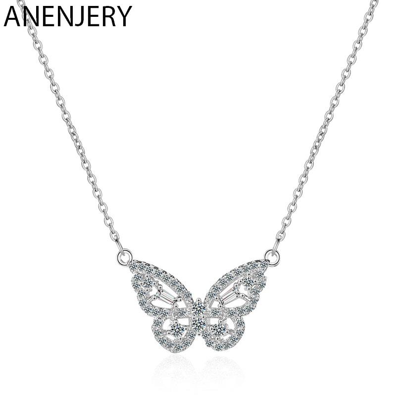 ANENJERY Cubic Zircon Butterfly Charm Necklace for Women Choker Wedding Engagement Jewelry Gift S-N707