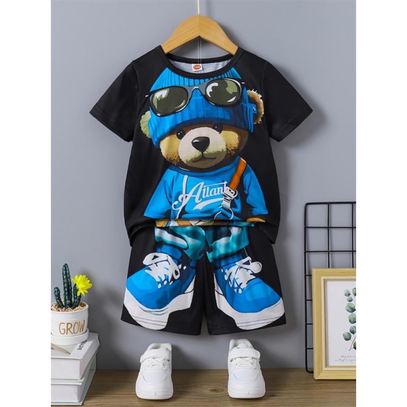 Комплект из 2 предметов: мужская футболка с коротким рукавом и шорты на шнурке с принтом мультяшного медведя, летний повседневный топ, мужские пляжные брюки для спорта на открытом воздухе