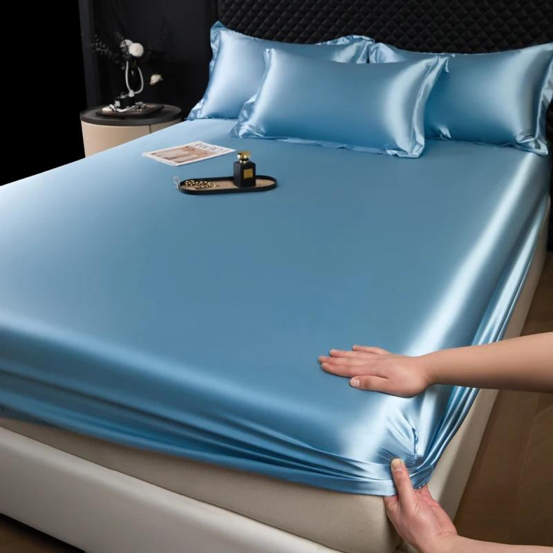 1 шт. Сатин Эластичная Натяжная Простыня Однотонный Чехол на Матрас для Односпальной Двуспальной Двуспальной Кровати King Queen Full Twin Простыня Сатин Постельное Белье