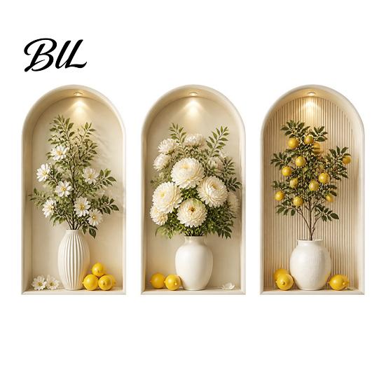 Peel And Stick Wall Art 3Pcs Arched Flower Stickers, Boho Style Floral Plant Decals, Self Adhesive PVC Wallpaper for Cabinet Door Decor Living