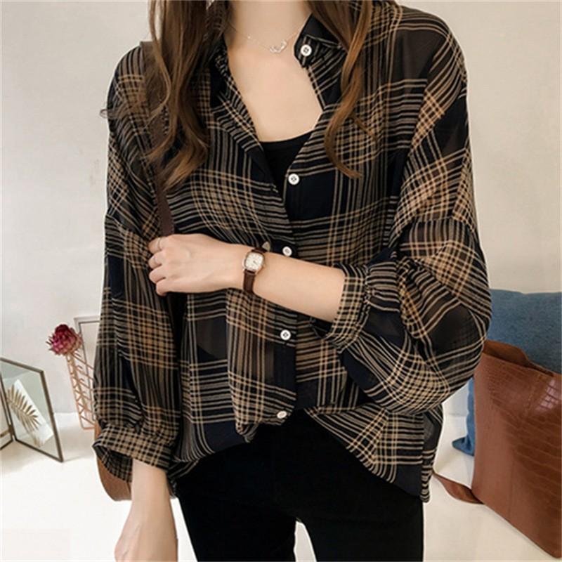 Женская мода повседневная весна осень клетчатый принт длинный рукав воротник поло блузки и рубашки