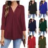 2025 Spring Autumn Women's Chiffon Blouse, Notched Lapel V-Neck Three-Quarter Sleeve Shirt, Loose Fit Solid Color Office Casual Top For Workwear