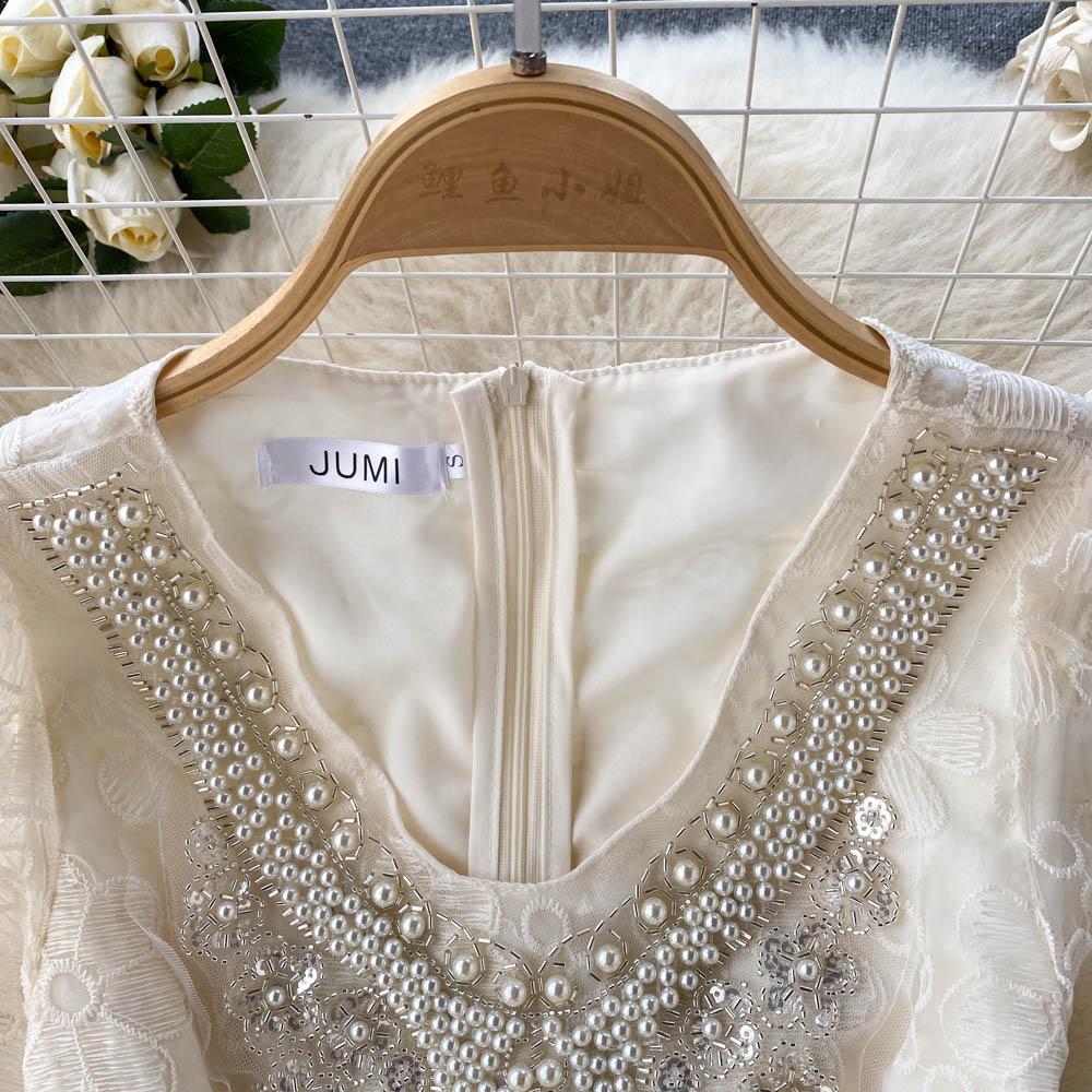 Women Fashion Mesh Flower Embroidery Luxury Beading Party Dinner Dresses Lady Elegant Retro V-neck Midi Evening Sundress