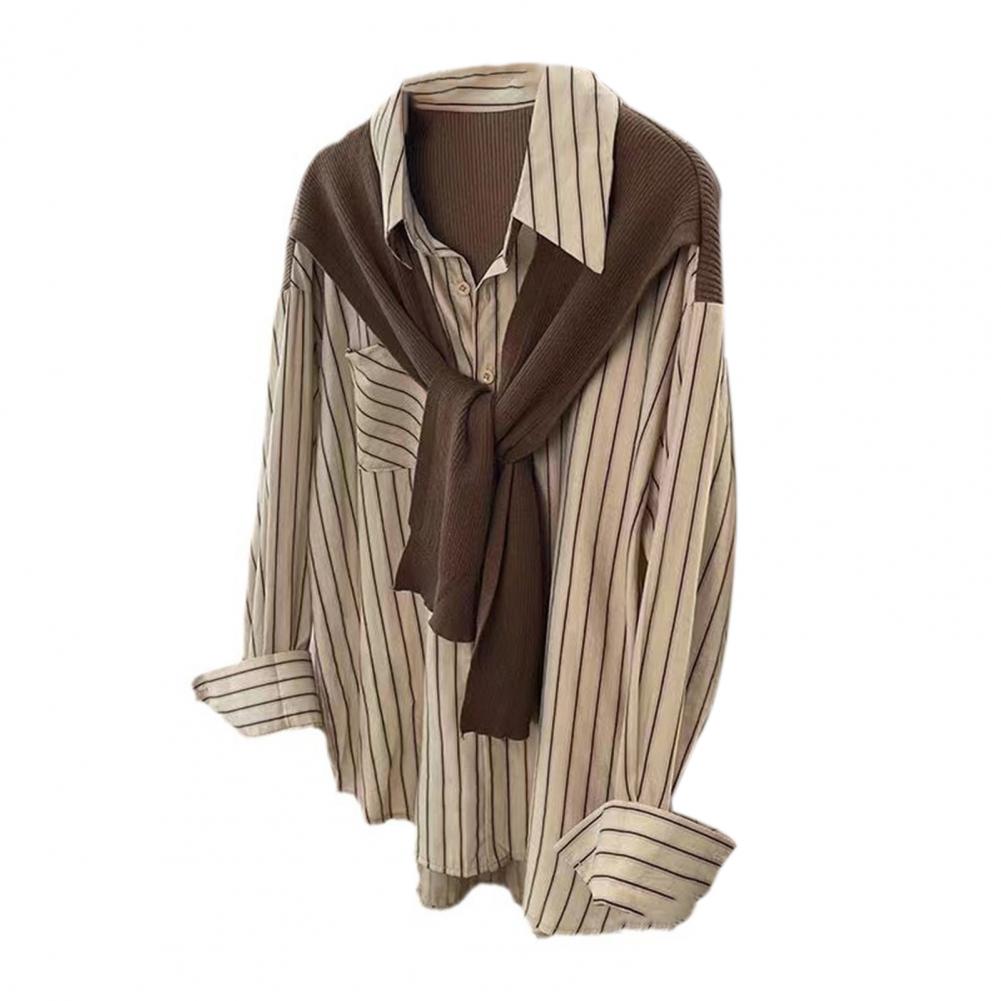 Women Shirt Lapel Long Sleeve Vertical Stripe Print Fake Two Pieces Shirt Tops Regular Fit French Style Shirt