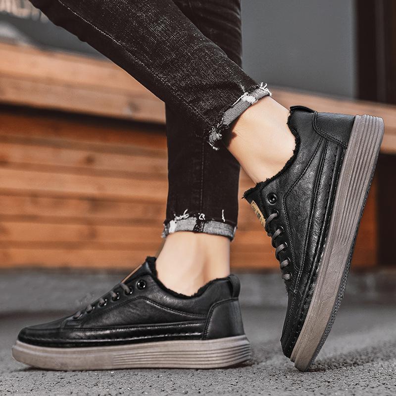 Мужская обувь Зимние бархатные теплые повседневные кожаные туфли на одной педали Кухонные водонепроницаемые и нескользящие черные туфли на плоской подошве Рабочие хлопковые туфли