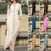 Elegant Women's Long Sleeve Cotton Linen Cardigan Dress - 2023 European/American Neutral Style with Turn-Down Collar