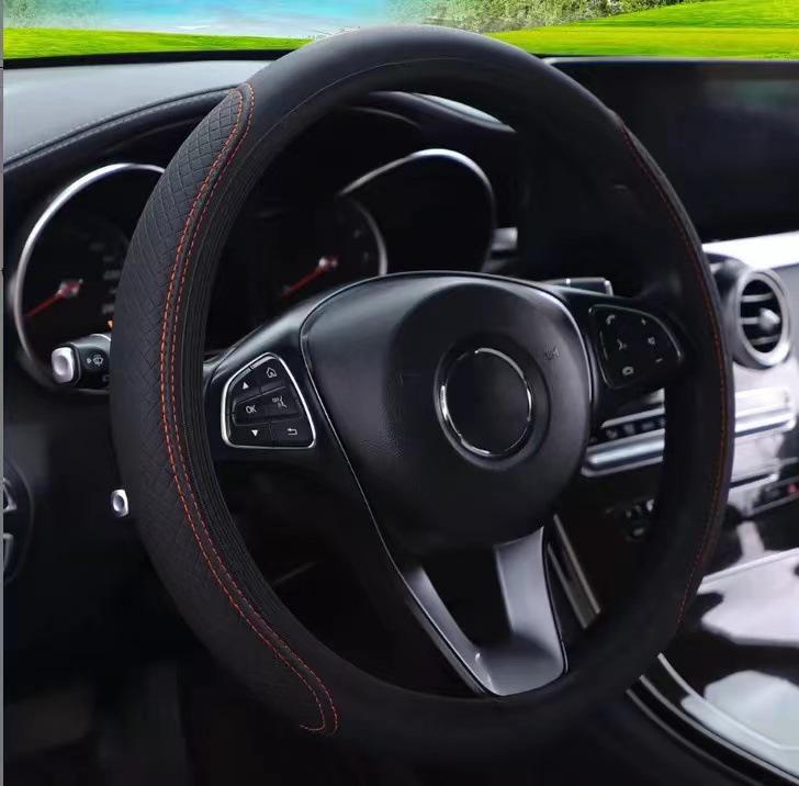 Leather Fiber Car Steering Wheel Cover: Double Circle Design, Elastic Band, Wear-Resistant, Embossed Auto Part.
