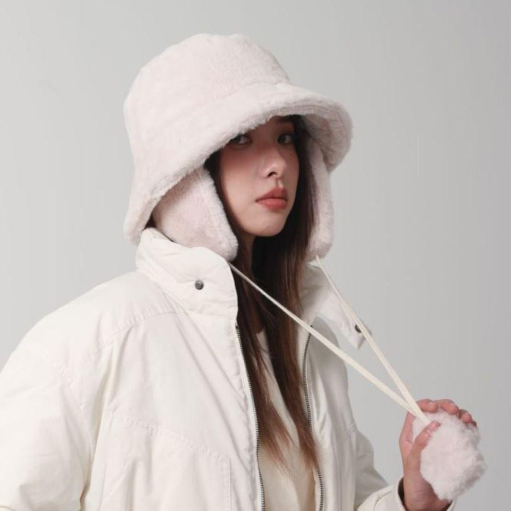 Solid Color Winter Fisherman Hat Anti-cold Plush Bucket Cap Ushanka Plush Panama Hat Outdoor