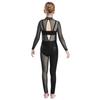 Girls Dance Performance Jumpsuit Full Body Leotard Long Sleeve Mock Neck Mesh Patchwork Keyhole Back Bodysuit