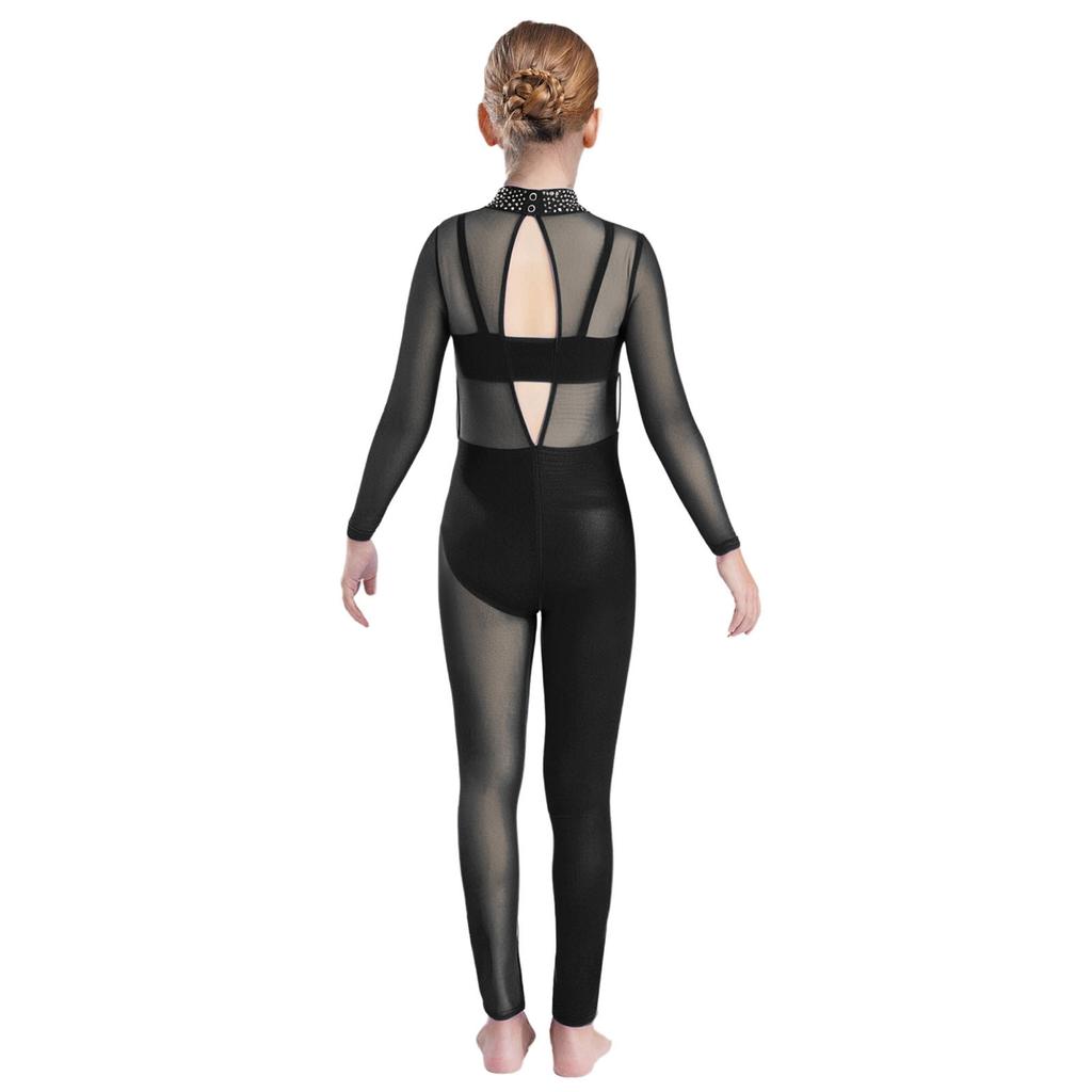 Girls Dance Performance Jumpsuit Full Body Leotard Long Sleeve Mock Neck Mesh Patchwork Keyhole Back Bodysuit