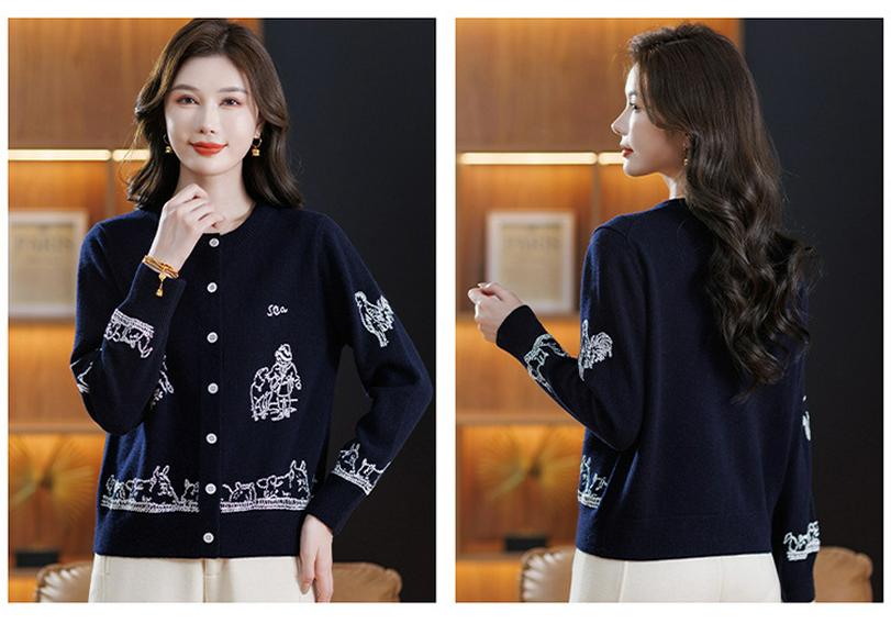 Women's Jacquard Wool Cardigan: Autumn/Winter Knitwear for Stylish Middle-Aged Mothers