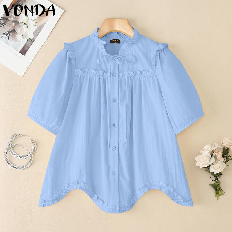 VONDA Women Ruffled Lace-up Neck Short Sleeve Casual Long Blouse