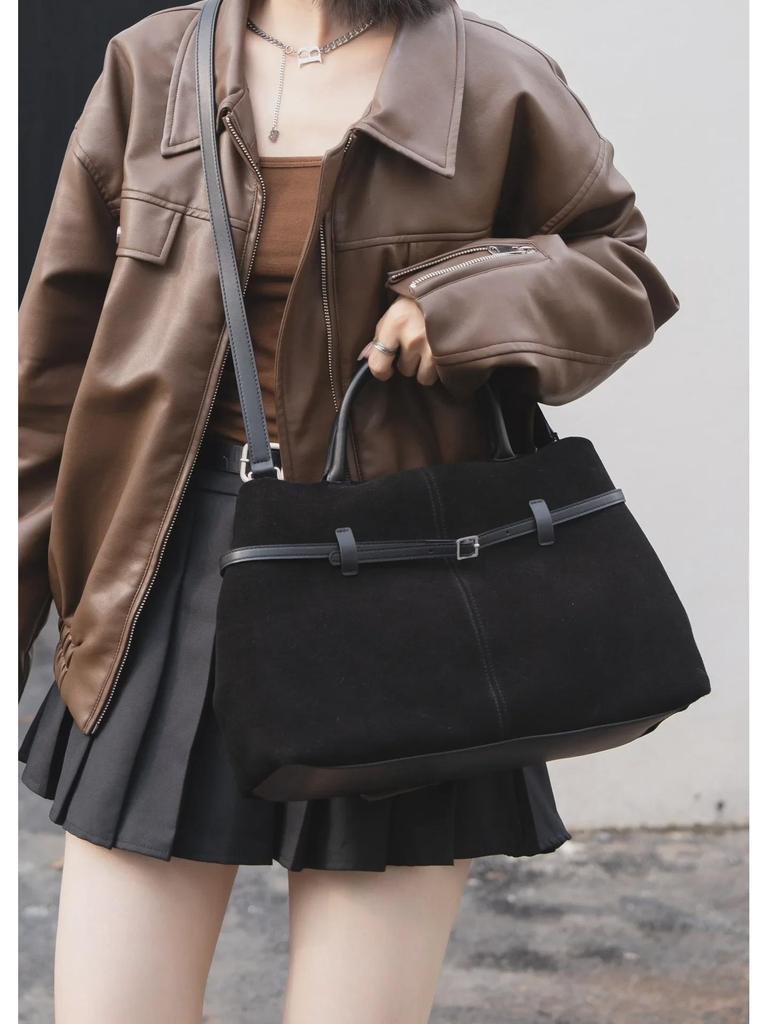 Женская сумка-тоут из натуральной кожи и замши большой вместимости - универсальная матовая сумка в стиле ретро для ношения на руках и через плечо