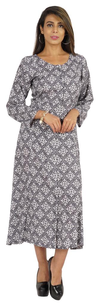 Bimba Printed Maxi Dress For Women Front Button Placket Ethnic Dress Casual Rayon