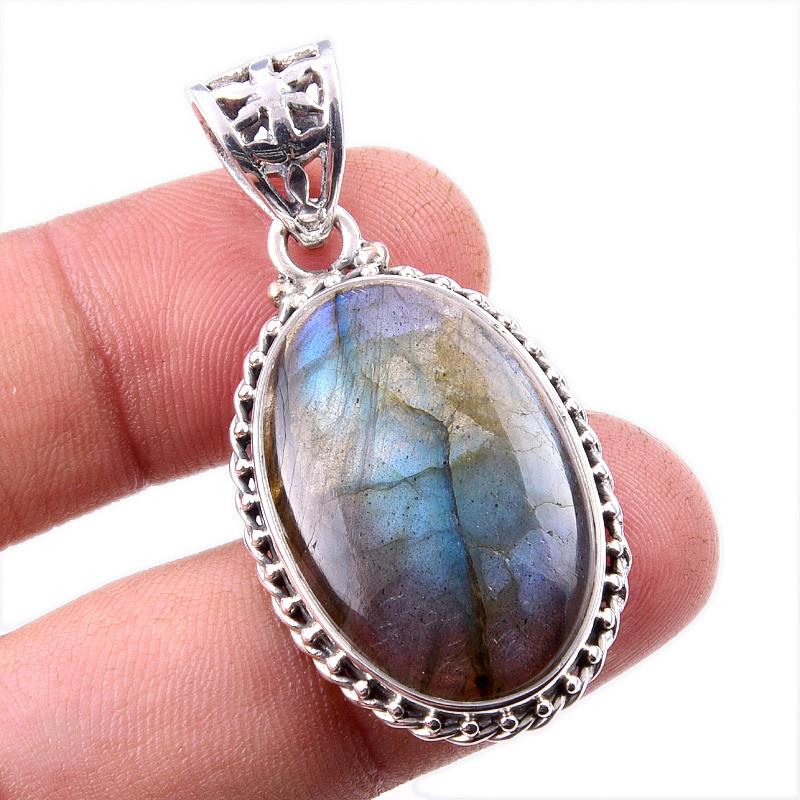 Natural Labradorite Gemstone 925 Solid Sterling Silver Gift Pendant 1.75" L7L27