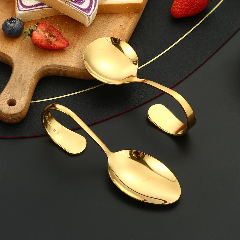 Посуда для сервировки из нержавеющей стали, ложка с изогнутой ручкой, золотая, для независимого питания в отеле, изогнутая, гостиничные принадлежности, ложка