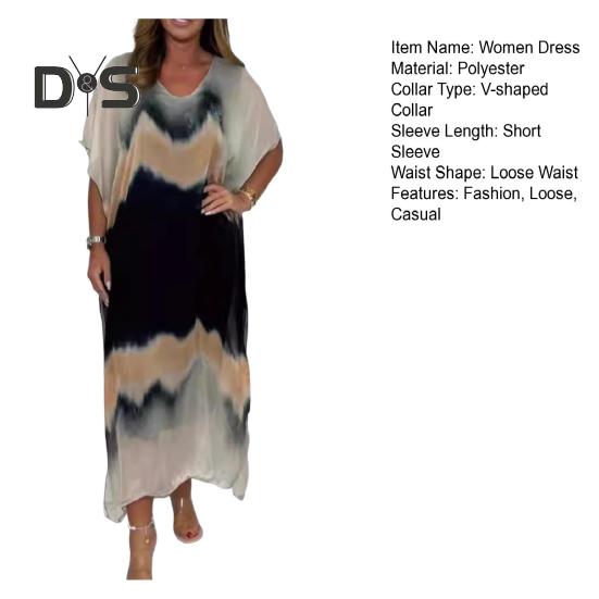 Женское шифоновое макси-платье с градиентным принтом и V-образным вырезом, с коротким рукавом, длинное платье, повседневный свободный пляжный сарафан для летнего отдыха