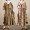 Women Summer Loose Dress Vintage Printed with Pockets Short Sleeves Round Neck Drop Shoulder Casual