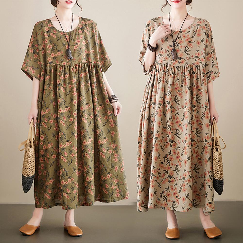 Women Summer Loose Dress Vintage Printed with Pockets Short Sleeves Round Neck Drop Shoulder Casual