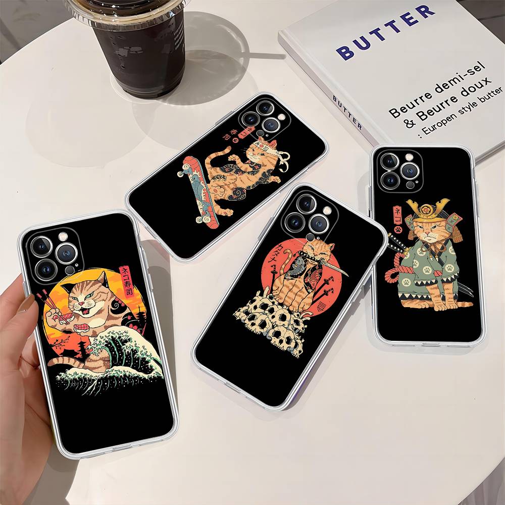 Японский Кот Самурай Рамен Прозрачный Чехол Для Телефона Для IPhone 16 15 14 13 12 11 Pro Max Plus Мягкий Чехол