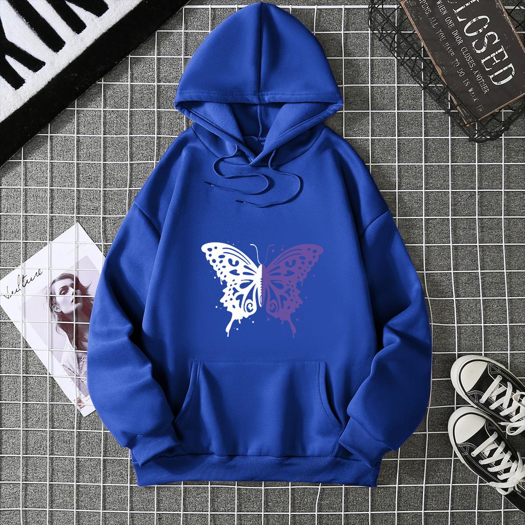Top Casual Soft Women Hoodie White and Purple Butterfly Personality Funny Women Fashion Wool Hoodie Loose Sports Shirt