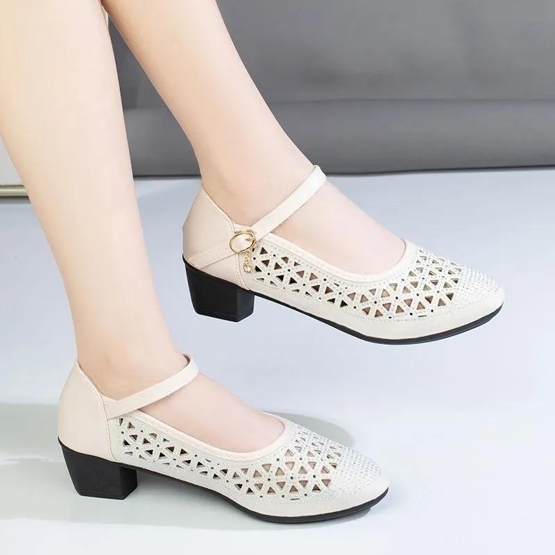 Черные сетчатые полые сандалии со стразами, женские повседневные рабочие туфли на толстом каблуке и высоком каблуке с пряжкой одного слова, мягкая кожаная обувь