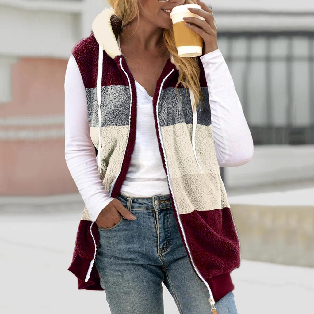 Women's Fashion Stitching Loose Hoodies Sleeveless Plush Zipper Coat