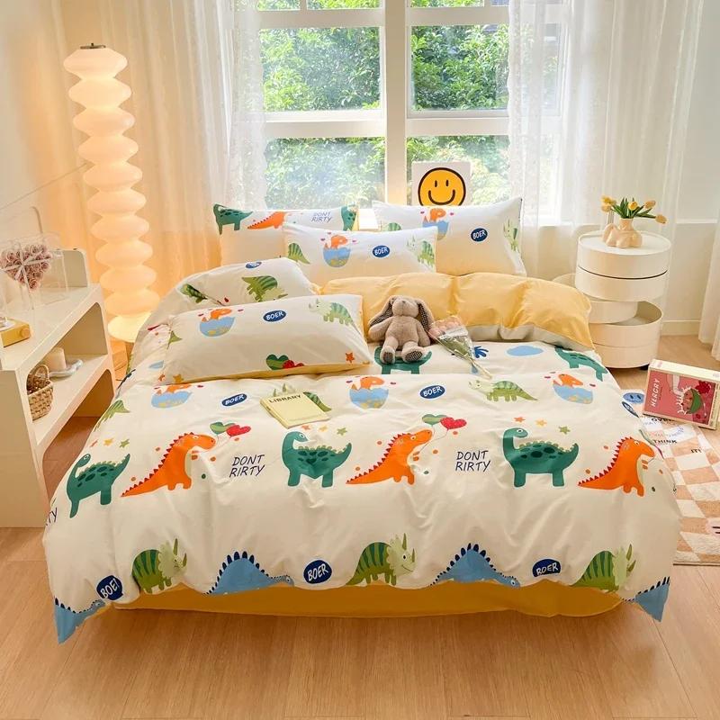 Комплект постельного белья из 3 предметов с цветными цветами в мультяшном стиле из 100% хлопка, мягкий и приятный на ощупь, с 2 наволочками