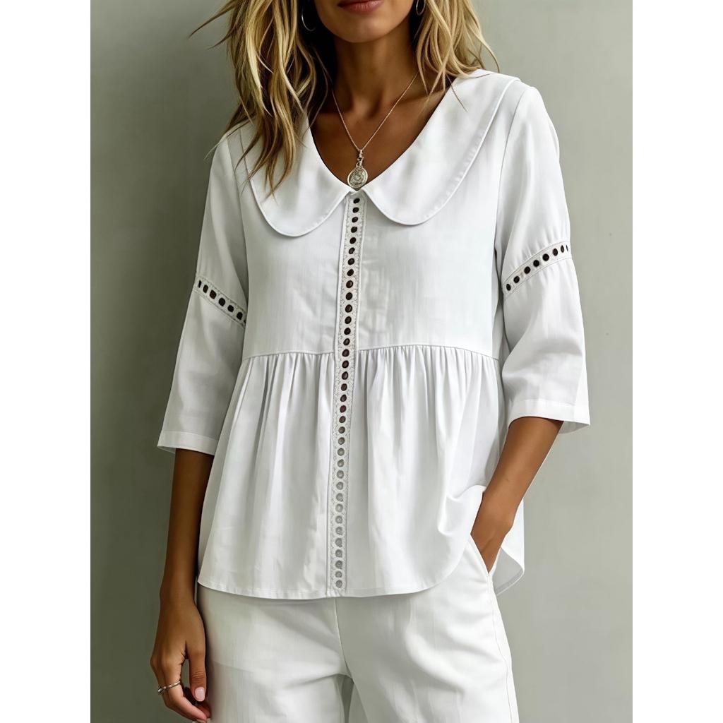 Summer New Fashion Women's Lace Patchwork Doll Collar 3/4 Sleeve Blouse Shirt for Women, European American Style Cross-border Casual Top