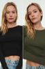 Women's Fashion New Blouse Black-Khaki Pack of 2 Fitted Crew Neck Crop Ribbed Flexible Knitted Blouse