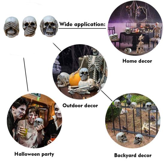 Halloween Skull Figurine See Speak Hear No Evil Resin Skeleton Head Realistic Human Skull Model Statue for Bar Home Table Decor