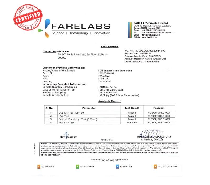 WishCare 5% Niacinamide Oil Balance Fluid Sunscreen SPF 50 PA++++ - Light & Matte Sunscreen for Oily Skin 50g