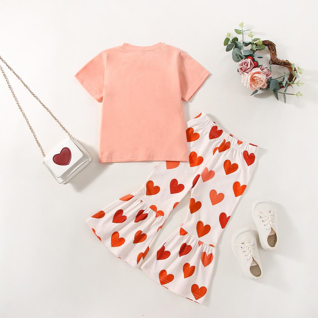 Valentine's Day Toddler Girls Clothes Set Letter Print Short Sleeve Crew Neck T-Shirts and Heart Print Flare Pants 2Pcs Suit