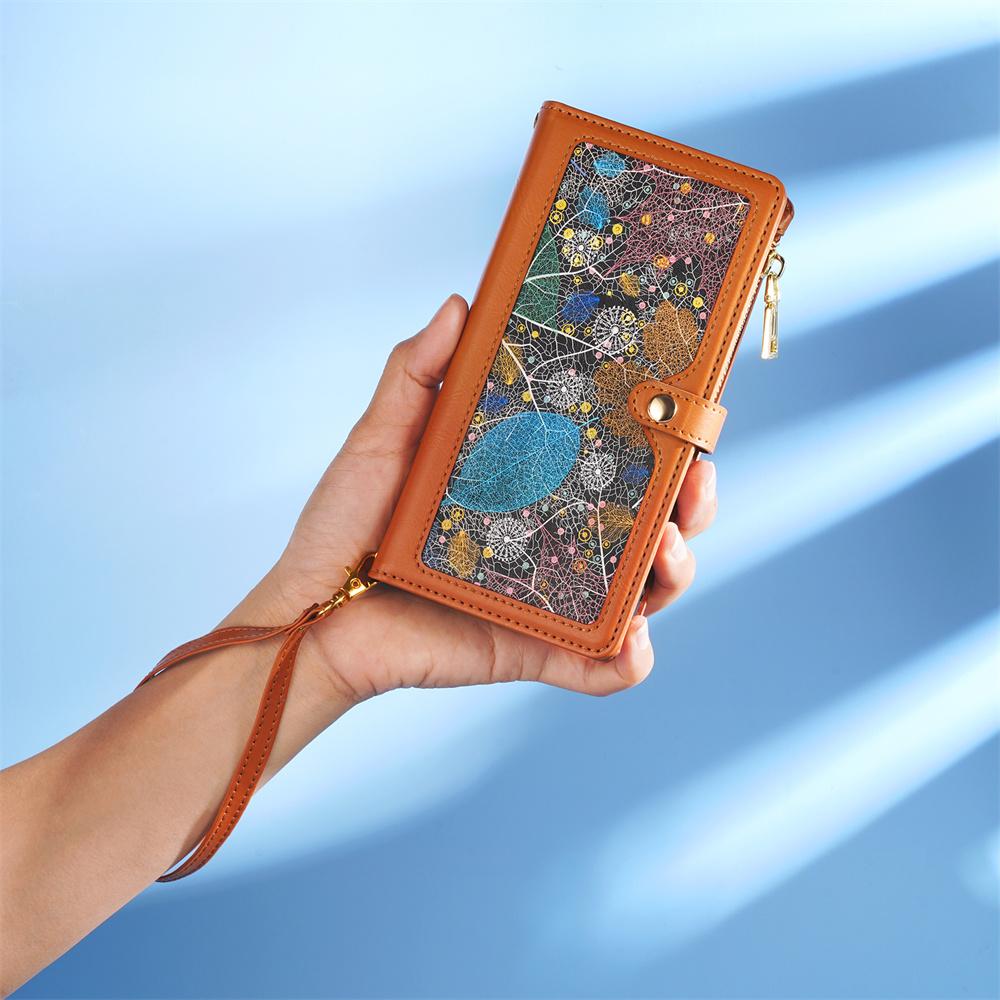 Для Oppo Reno10/Reno9/Reno7...Realme11/Realme9/C21/C15/C55...Oppo A94/A74... Кошелек с несколькими картами и узором в виде листьев, чехол для телефона с защитой от кражи и кистью