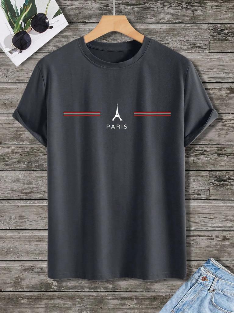Summer 100% Cotton Men's Loose Size Comfortable Paris Letter Print Slim Casual Sports Round Neck Short Sleeve T-shirt Top