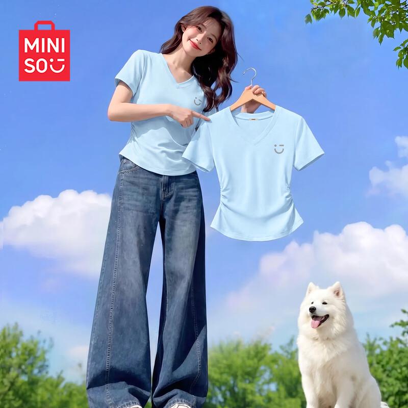 MINISO Женская укороченная футболка с V-образным вырезом, облегающая