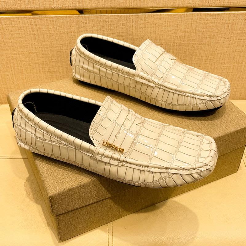 Pacecraft Shoes Men's Breathable Loafers - Casual Microfiber Leather Slip-On Shoes, Comfortable Rubber Sole, White/Burgundy/Green/Brown