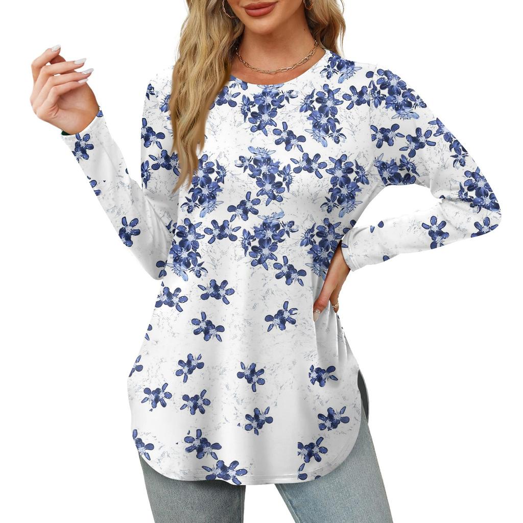 Женские рубашки с длинным рукавом и круглым вырезом, базовые свободные туники с боковым разрезом, повседневные рубашки с цветочным принтом