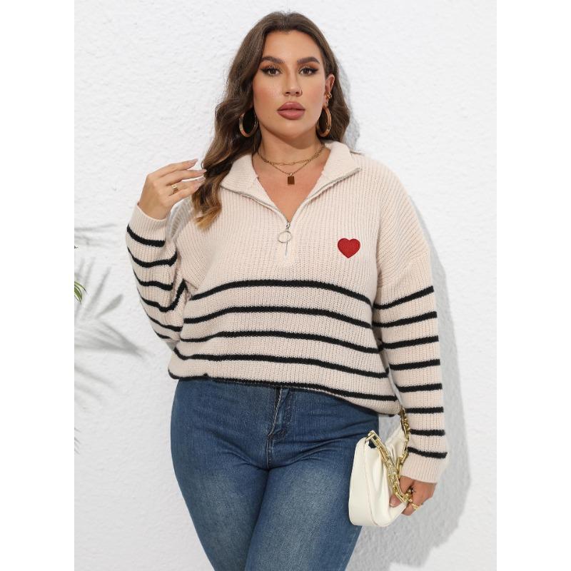 Женский осенне-зимний свитер большого размера в полоску в стиле пэчворк с полувысоким воротом на молнии