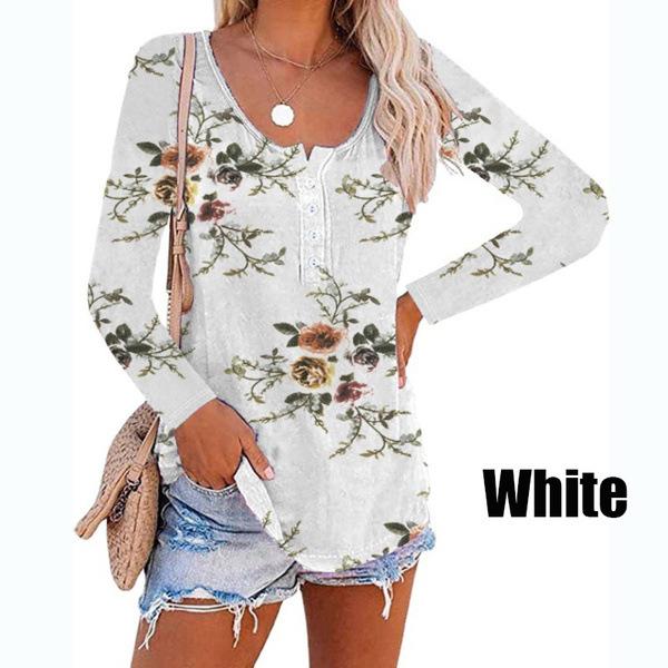 Модные женские повседневные топы, весенняя нижняя рубашка с длинным рукавом, принтованная круглая горловина, пуловер на пуговицах, футболка, топ, элегантная женская одежда