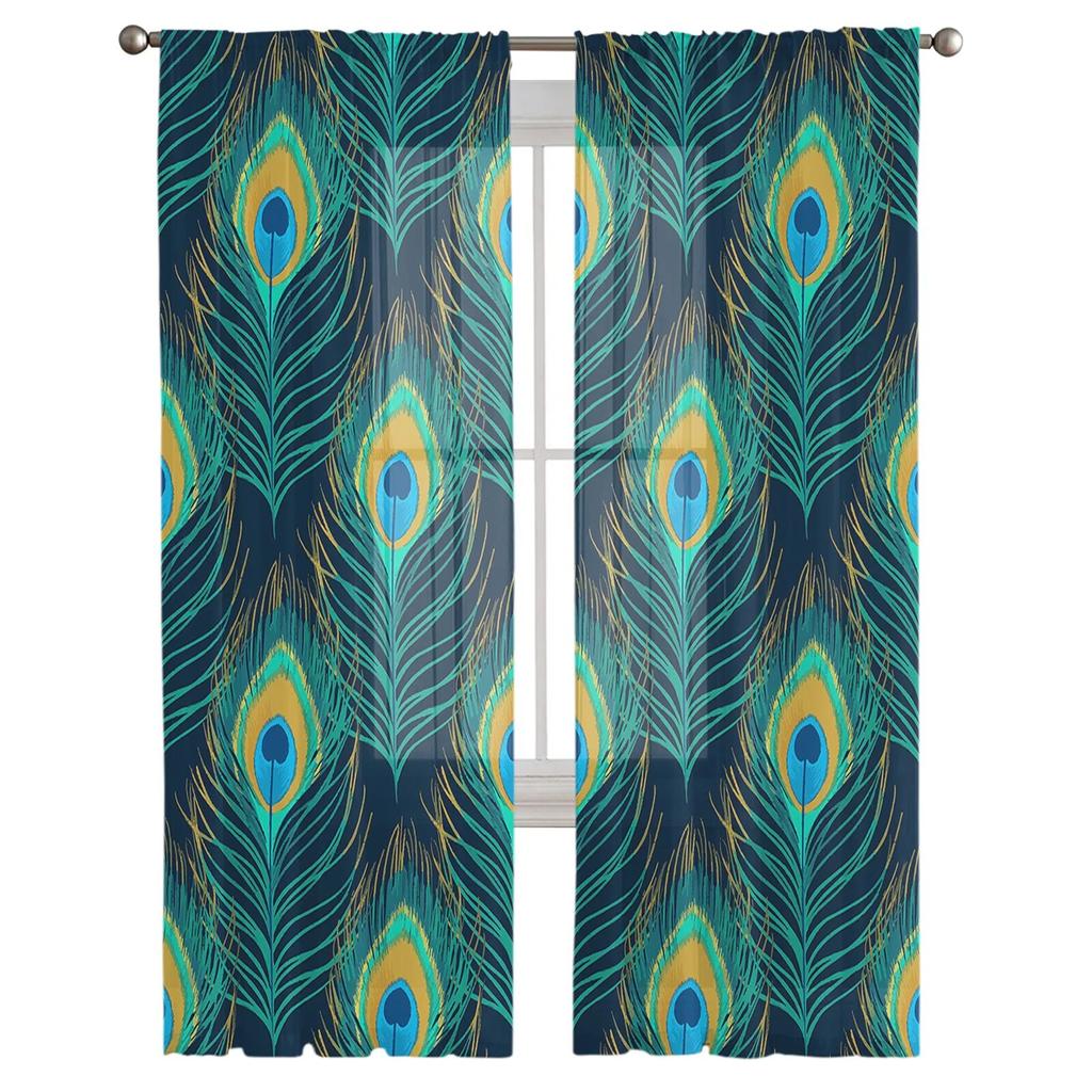 Голубые прозрачные занавески с перьями павлина для гостиной, зала, стены, нарядные принадлежности для окон, тюлевые шторы с поп-принтом